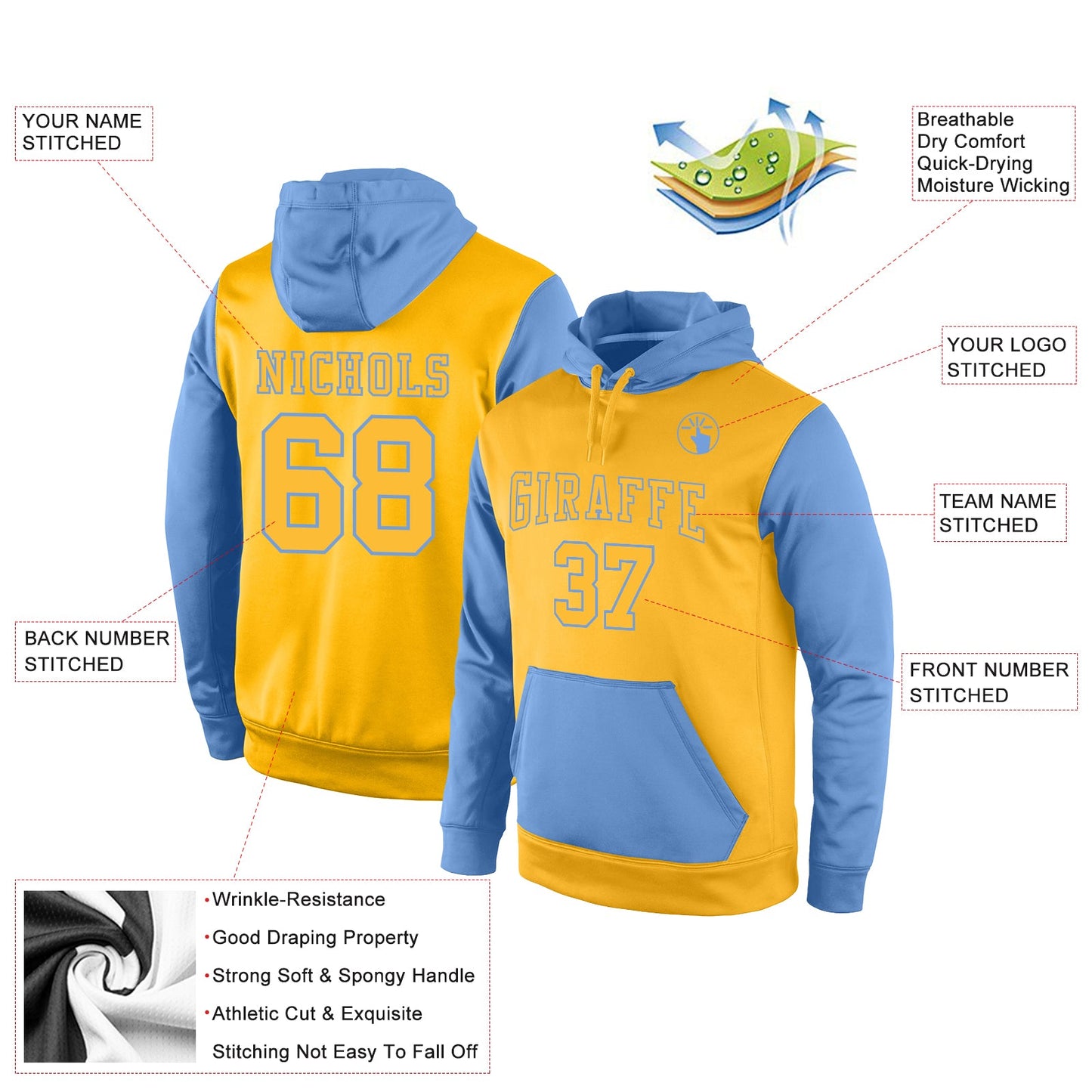 Custom Stitched Gold Gold-Light Blue Sports Pullover Sweatshirt Hoodie view 2