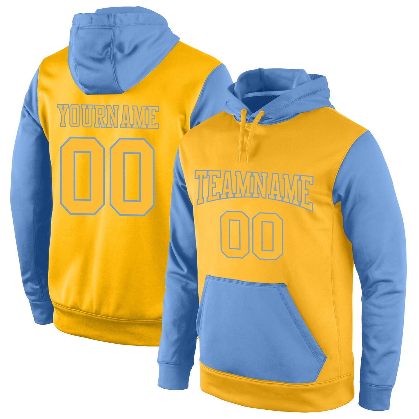 Custom Stitched Gold Gold-Light Blue Sports Pullover Sweatshirt Hoodie - Main View