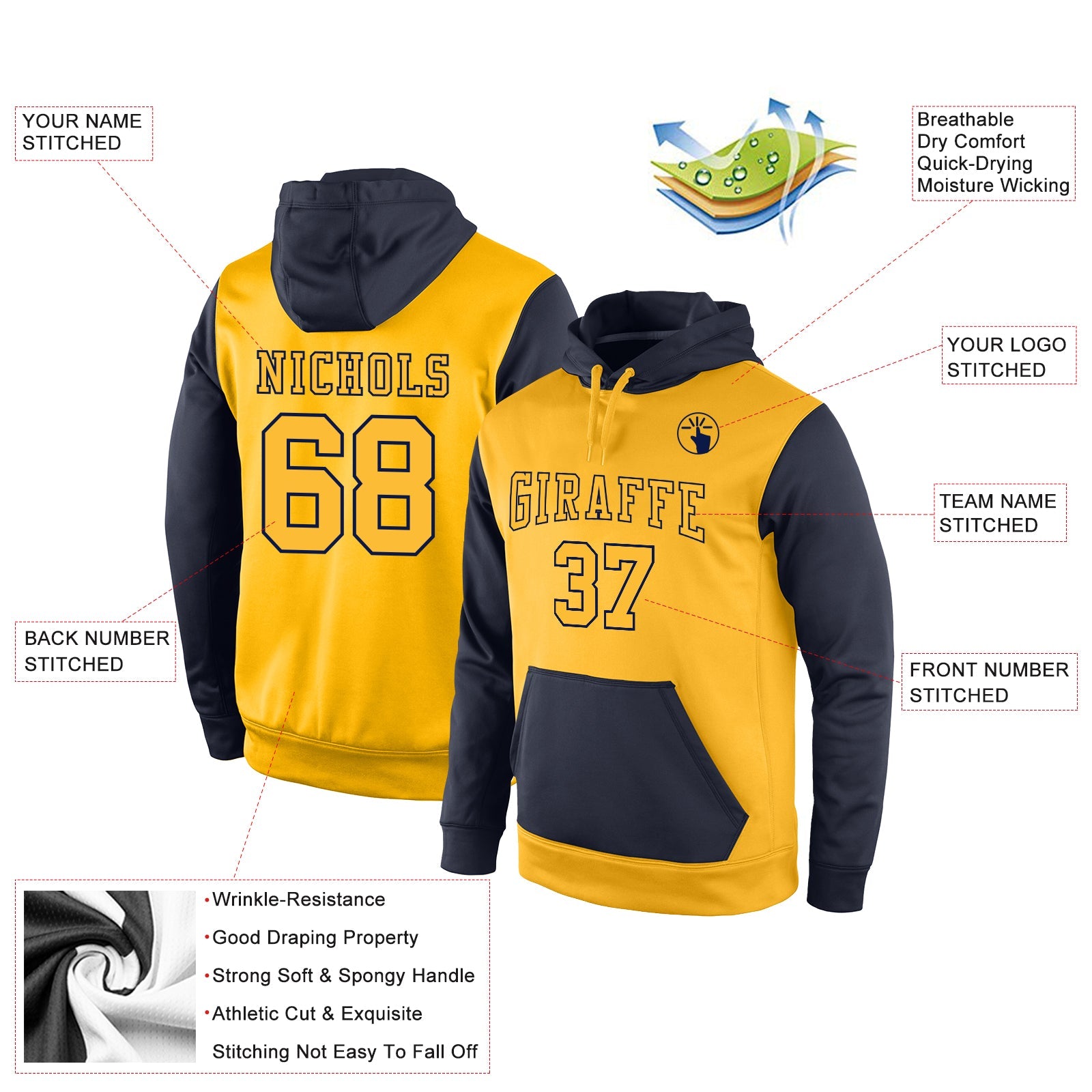 Custom Stitched Gold Gold-Navy Sports Pullover Sweatshirt Hoodie view 2