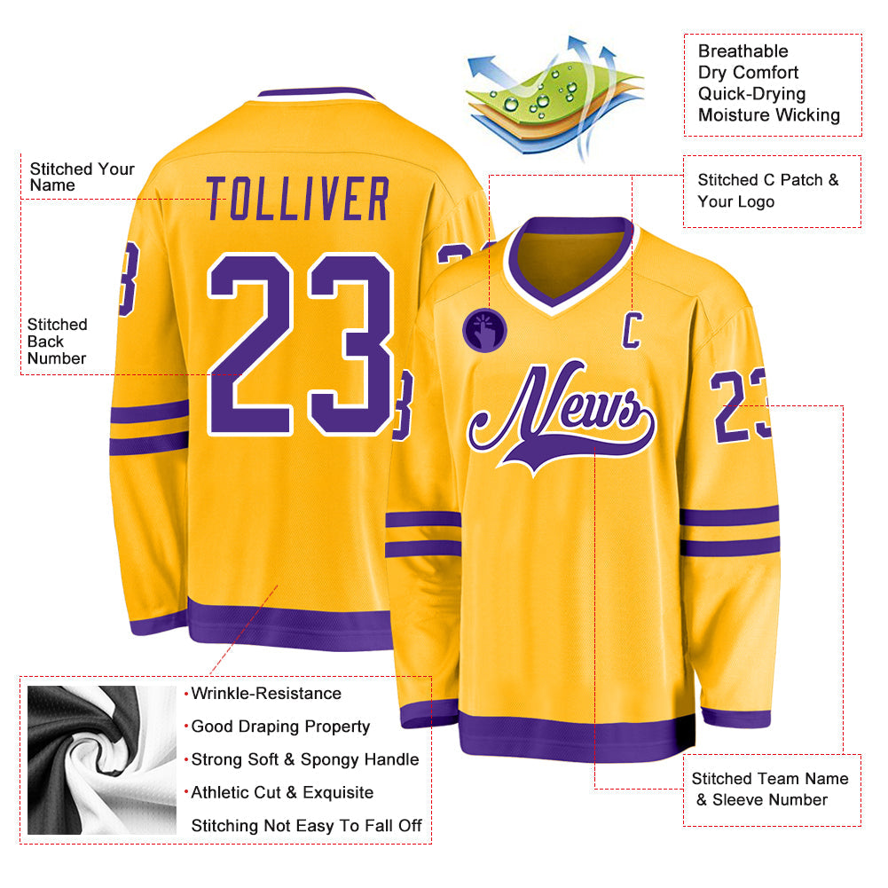 Custom Gold Purple-White Hockey Jersey view 2