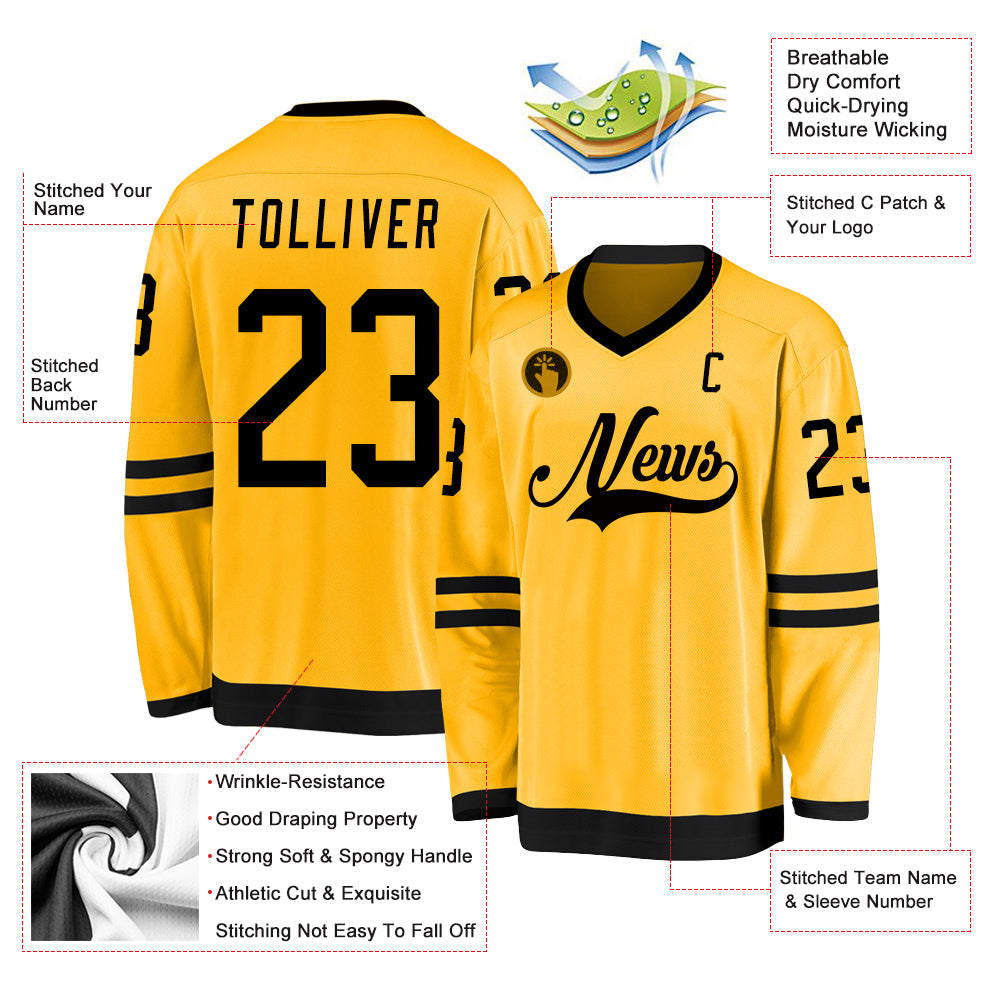 Custom Gold Black Hockey Jersey view 2
