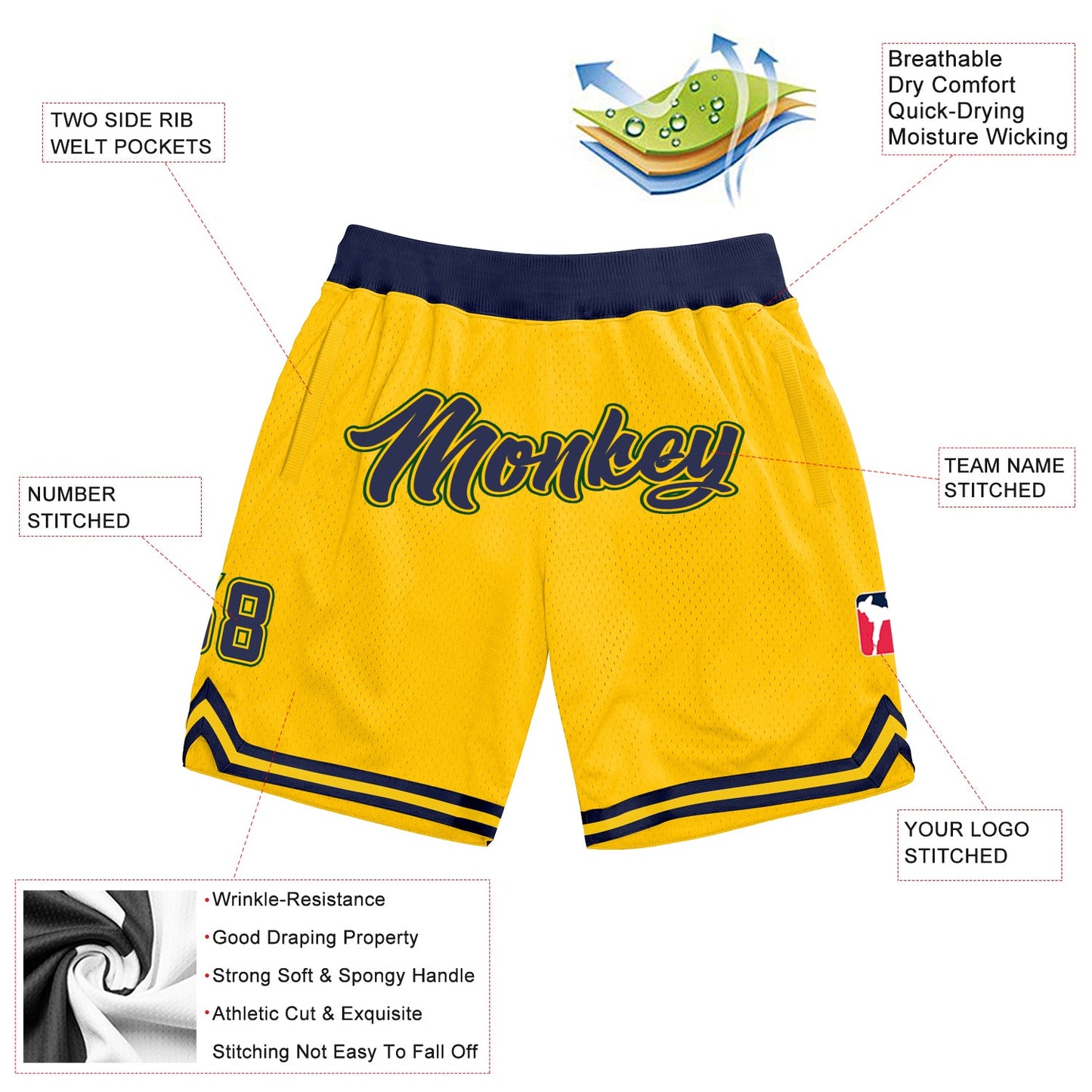 Custom Gold Navy-Hunter Green Authentic Throwback Basketball Shorts view 2