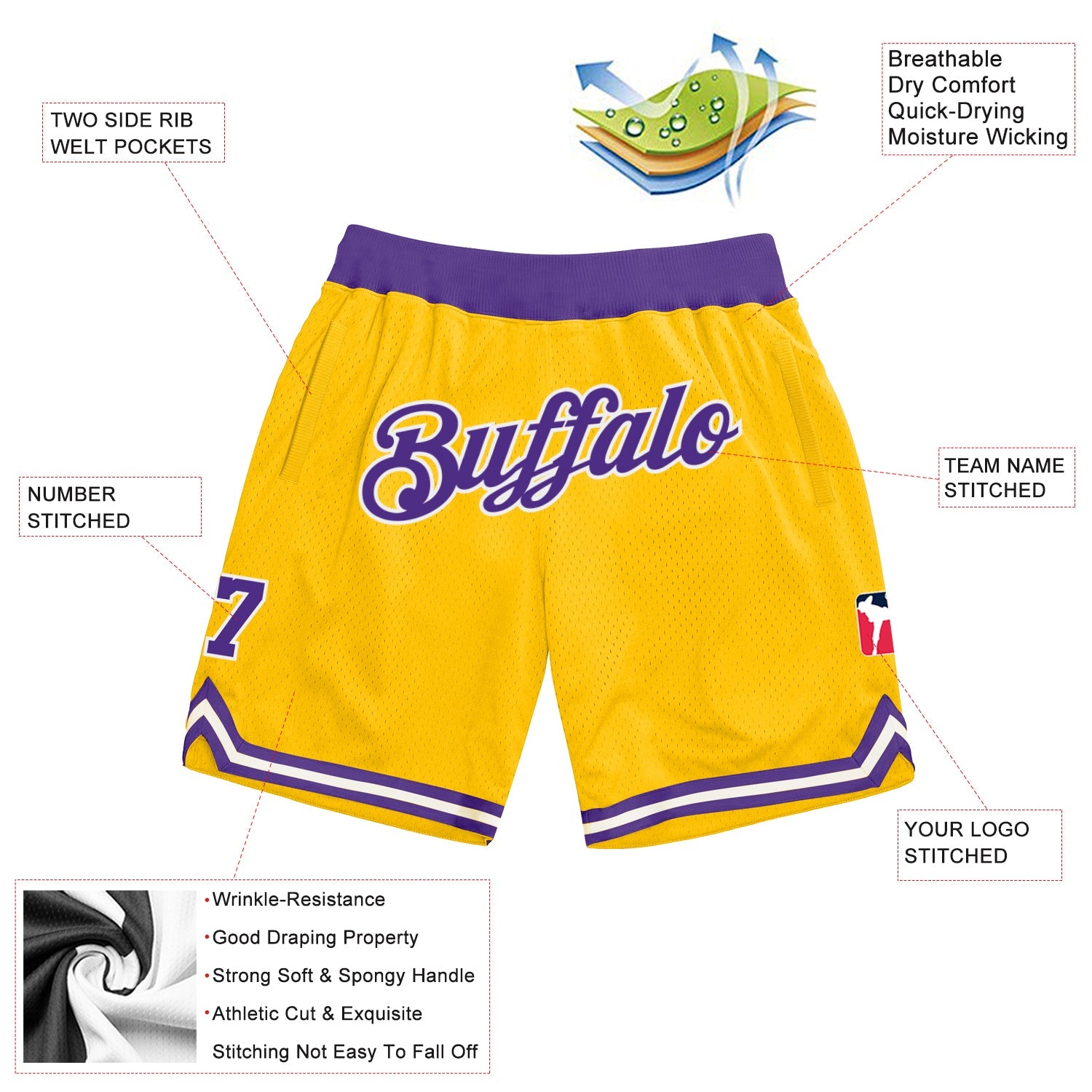 Custom Gold Purple-White Authentic Throwback Basketball Shorts view 2