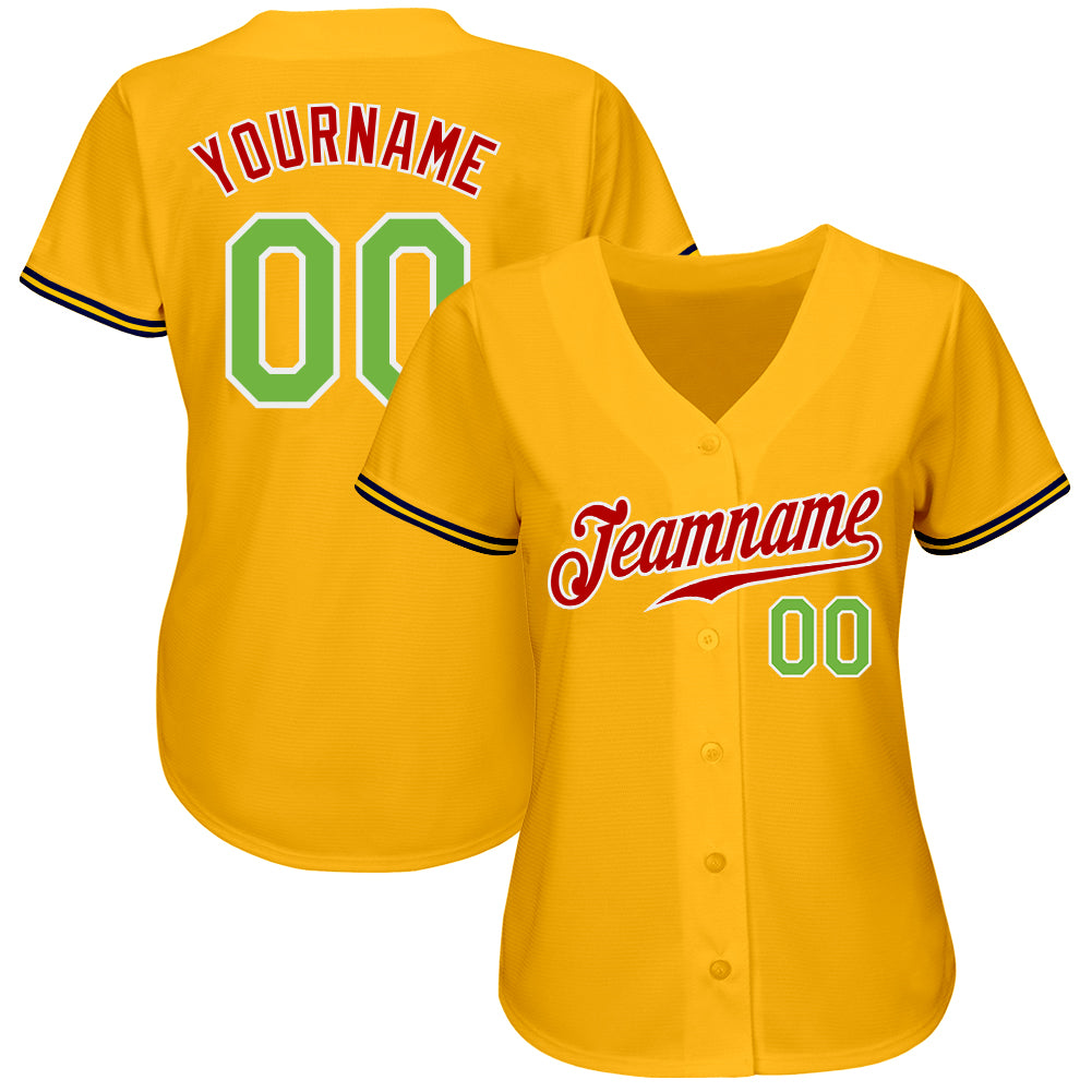 Custom Gold Neon Green-Red Authentic Baseball Jersey view 2