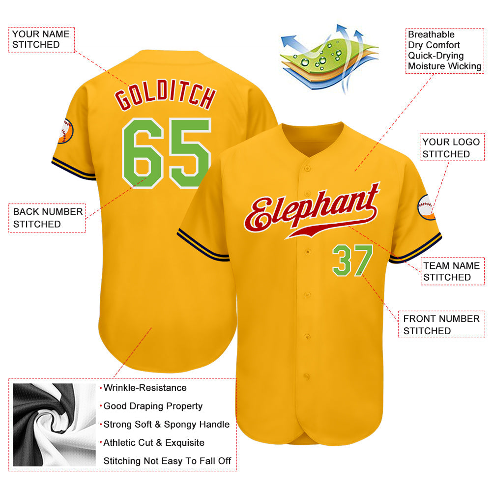 Custom Gold Neon Green-Red Authentic Baseball Jersey view 3