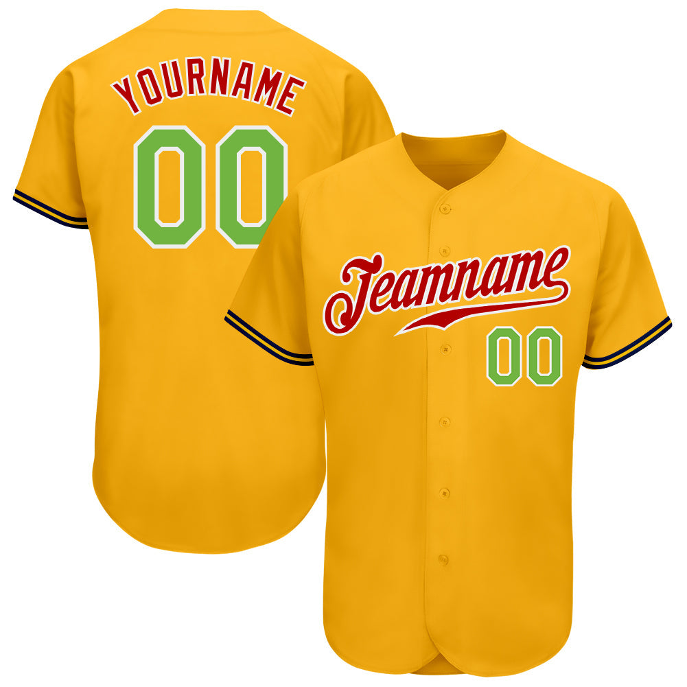 Custom Gold Neon Green-Red Authentic Baseball Jersey - Main View