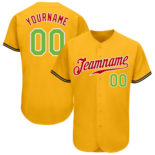 Custom Gold Neon Green-Red Authentic Baseball Jersey - Main View