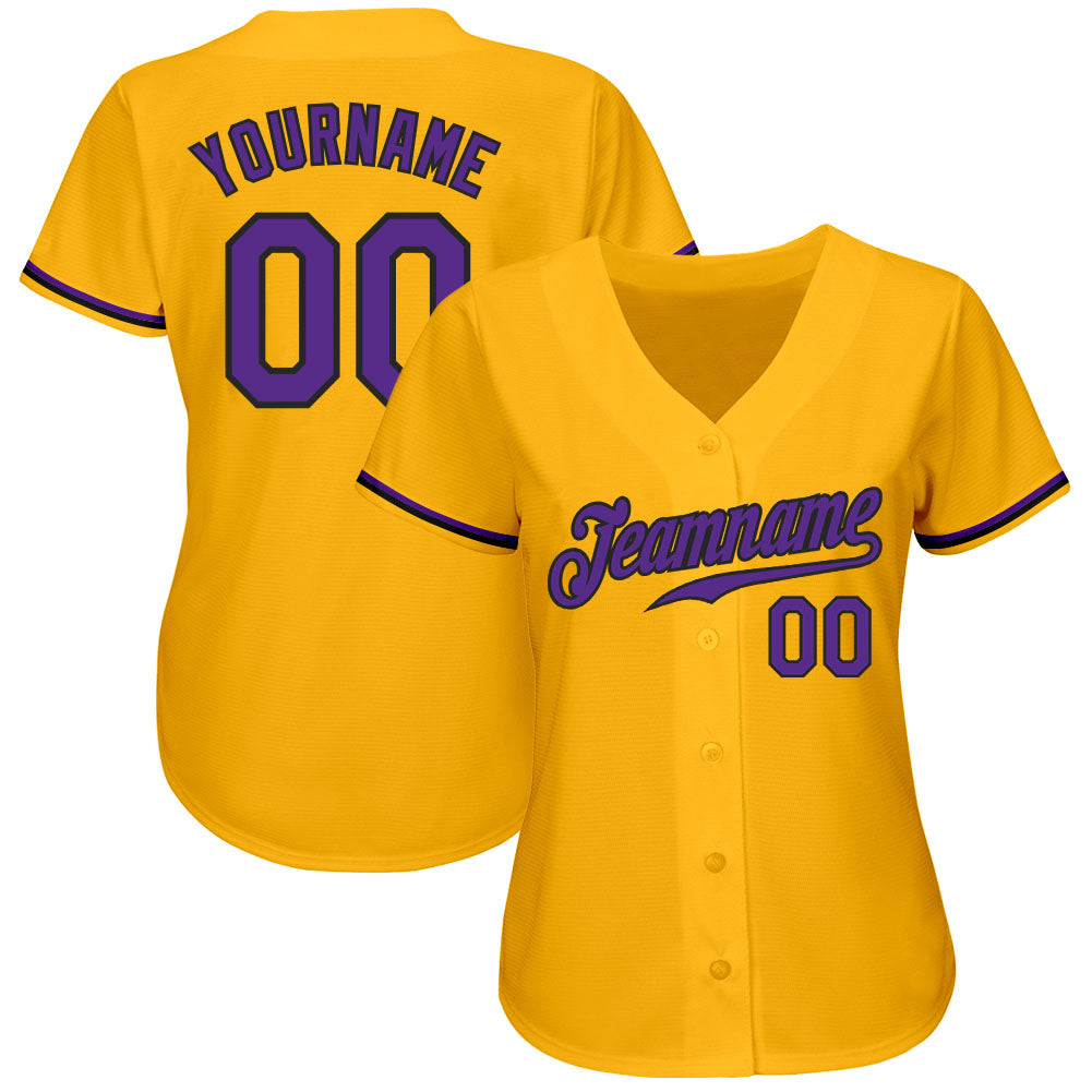 Custom Gold Purple-Black Authentic Baseball Jersey view 2
