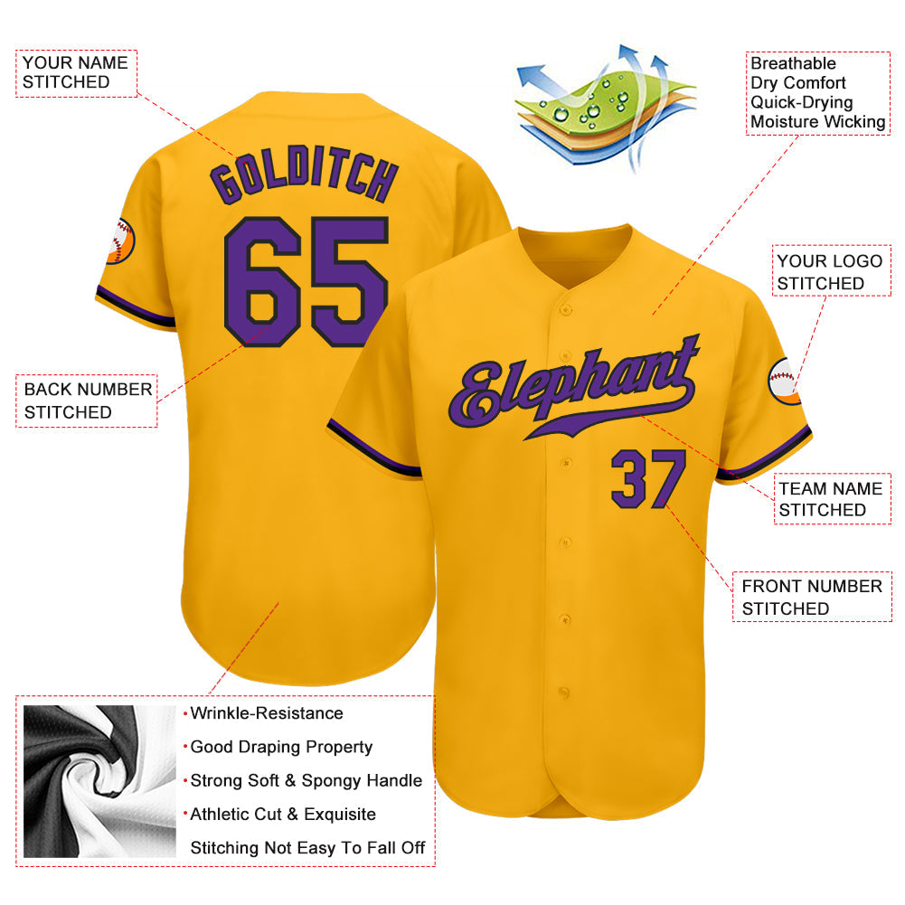 Custom Gold Purple-Black Authentic Baseball Jersey view 3