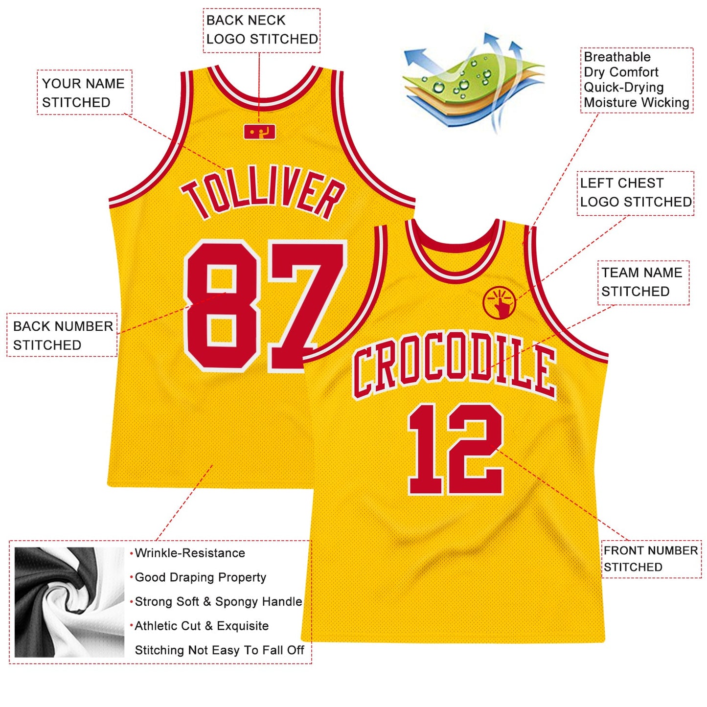 Custom Gold Red-White Authentic Throwback Basketball Jersey view 2