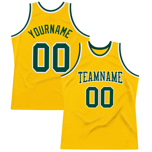 Custom Gold Green-White Authentic Throwback Basketball Jersey - Main View