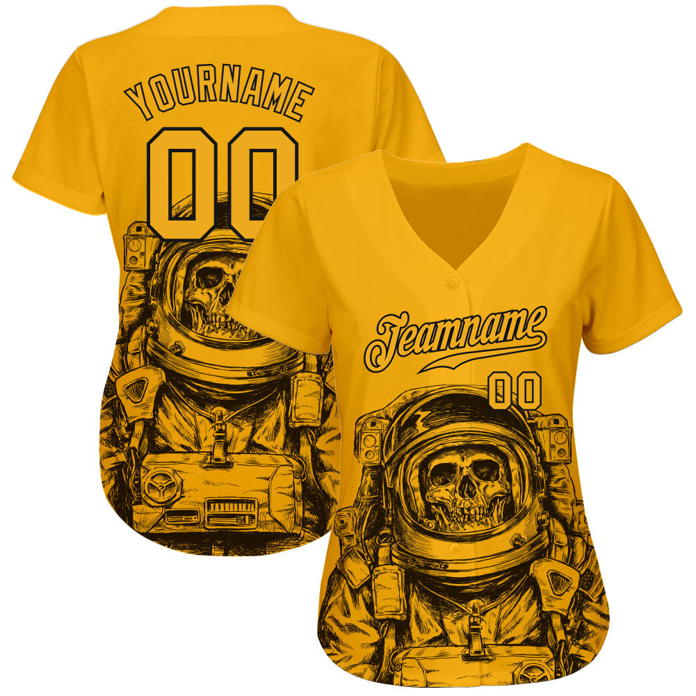 Custom Gold Gold-Black 3D Pattern Design Astronaut Authentic Baseball Jersey view 2