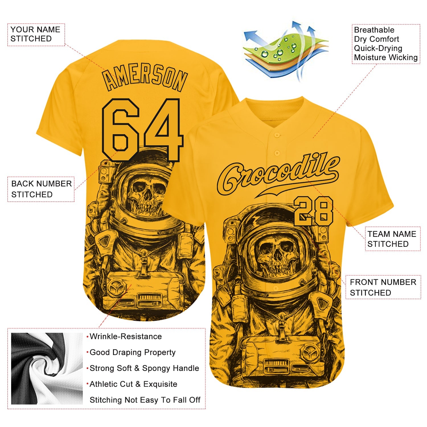 Custom Gold Gold-Black 3D Pattern Design Astronaut Authentic Baseball Jersey view 3