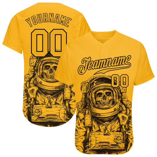 Custom Gold Gold-Black 3D Pattern Design Astronaut Authentic Baseball Jersey - Main View