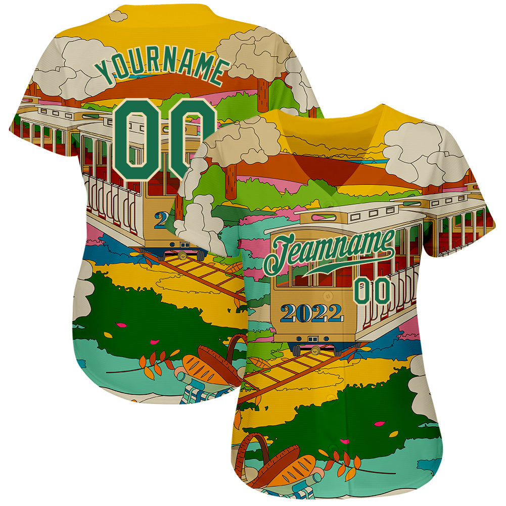 Custom Gold Kelly Green-Cream 3D Pattern Design Train Authentic Baseball Jersey view 2
