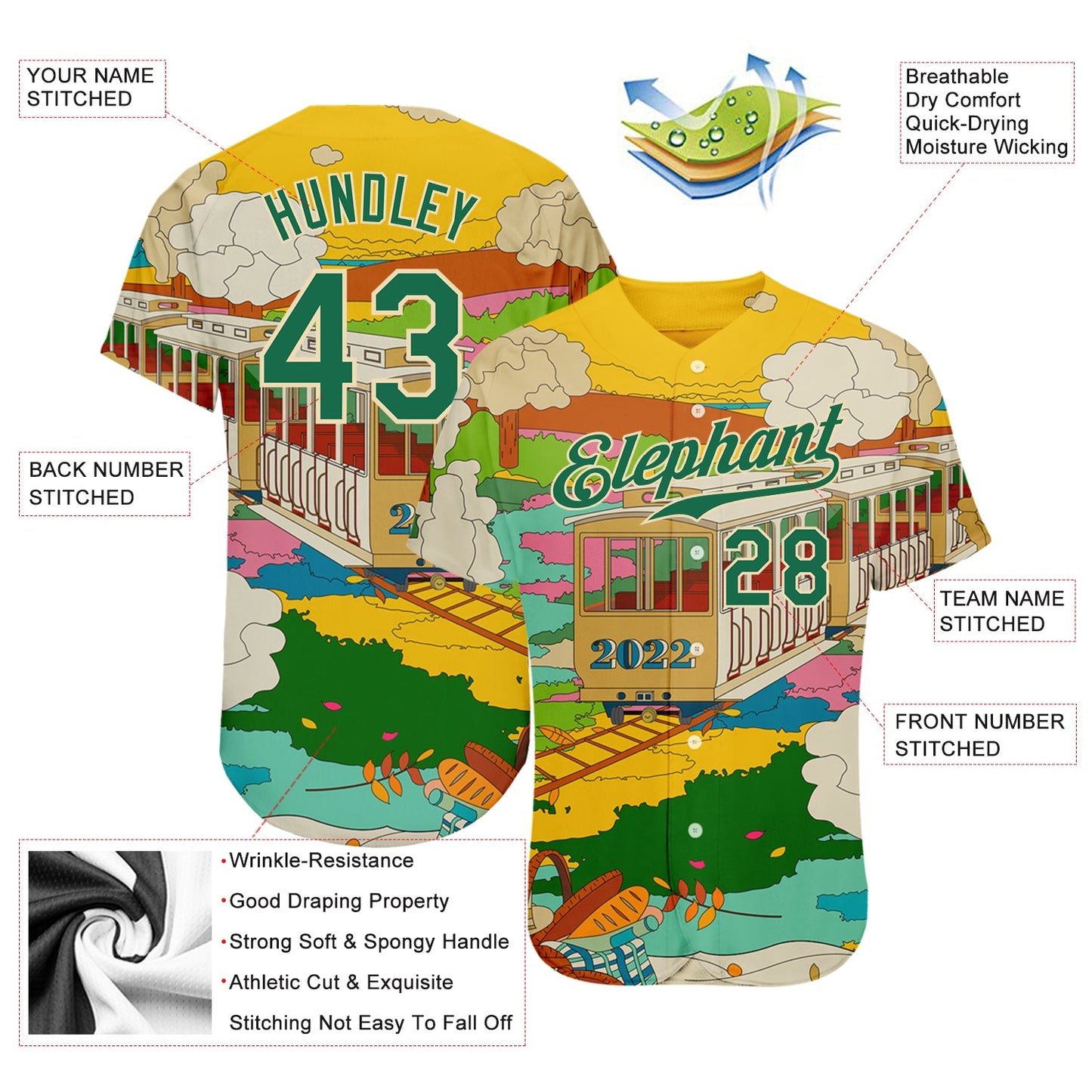 Custom Gold Kelly Green-Cream 3D Pattern Design Train Authentic Baseball Jersey view 3