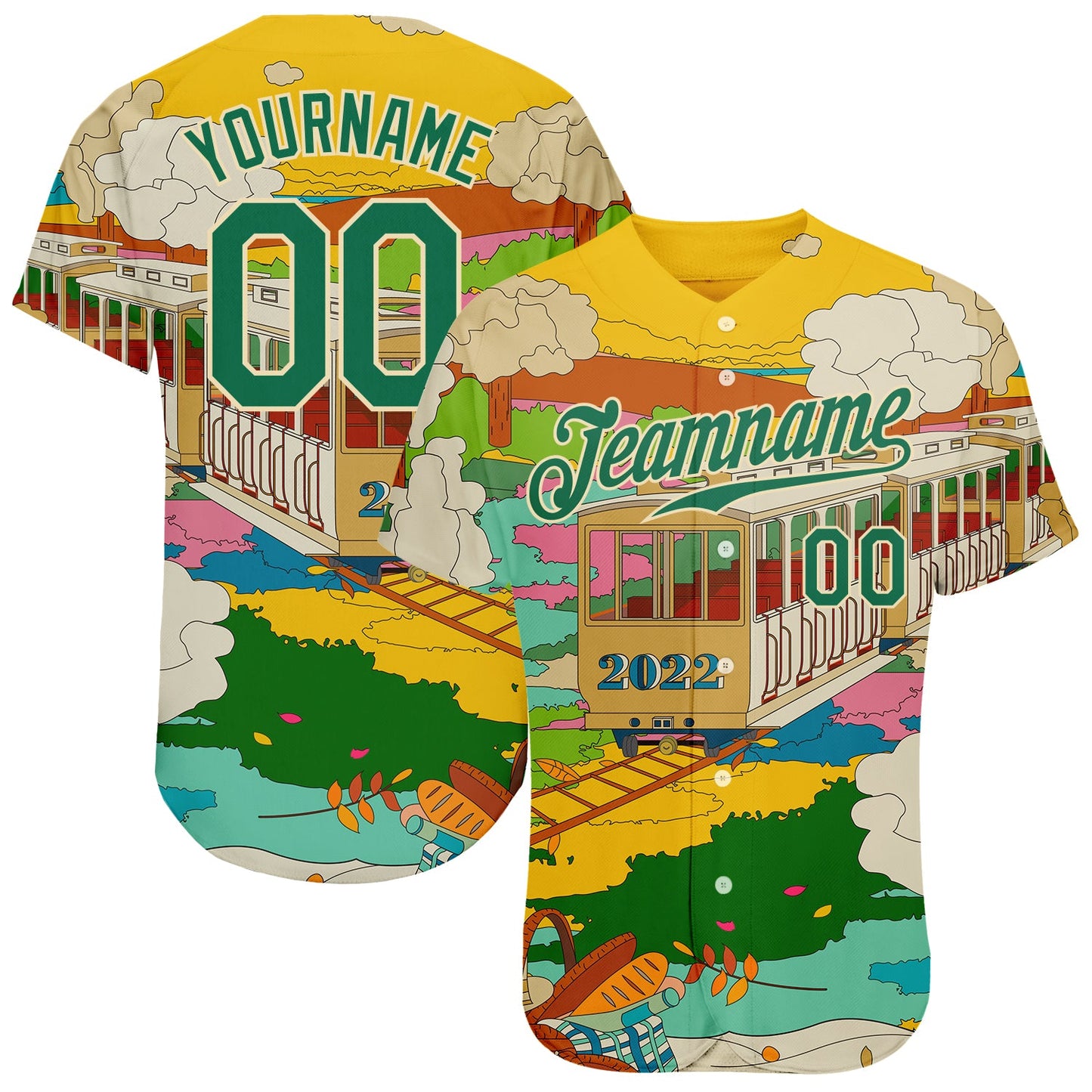 Custom Gold Kelly Green-Cream 3D Pattern Design Train Authentic Baseball Jersey - Main View