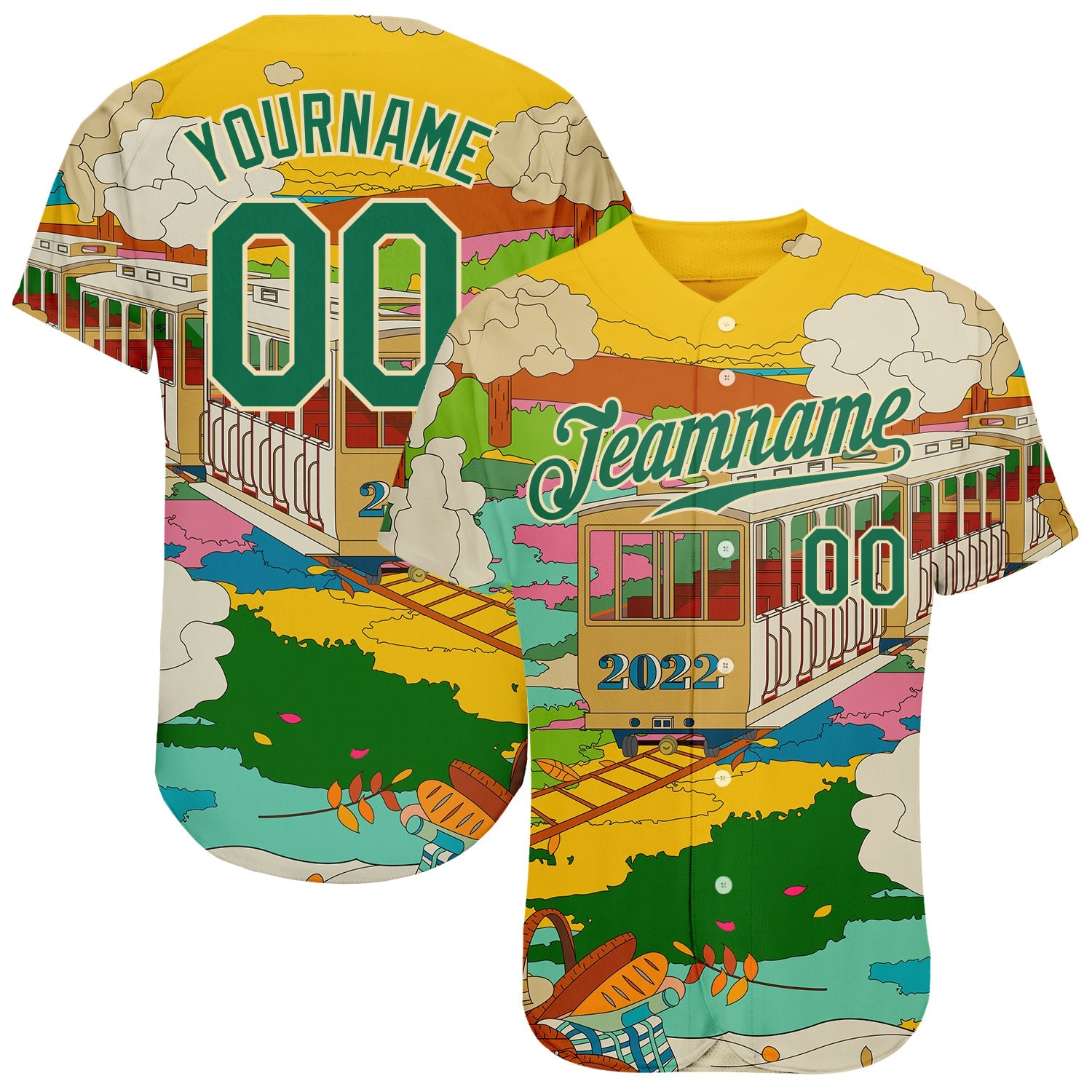 Custom Gold Kelly Green-Cream 3D Pattern Design Train Authentic Baseball Jersey - Main View