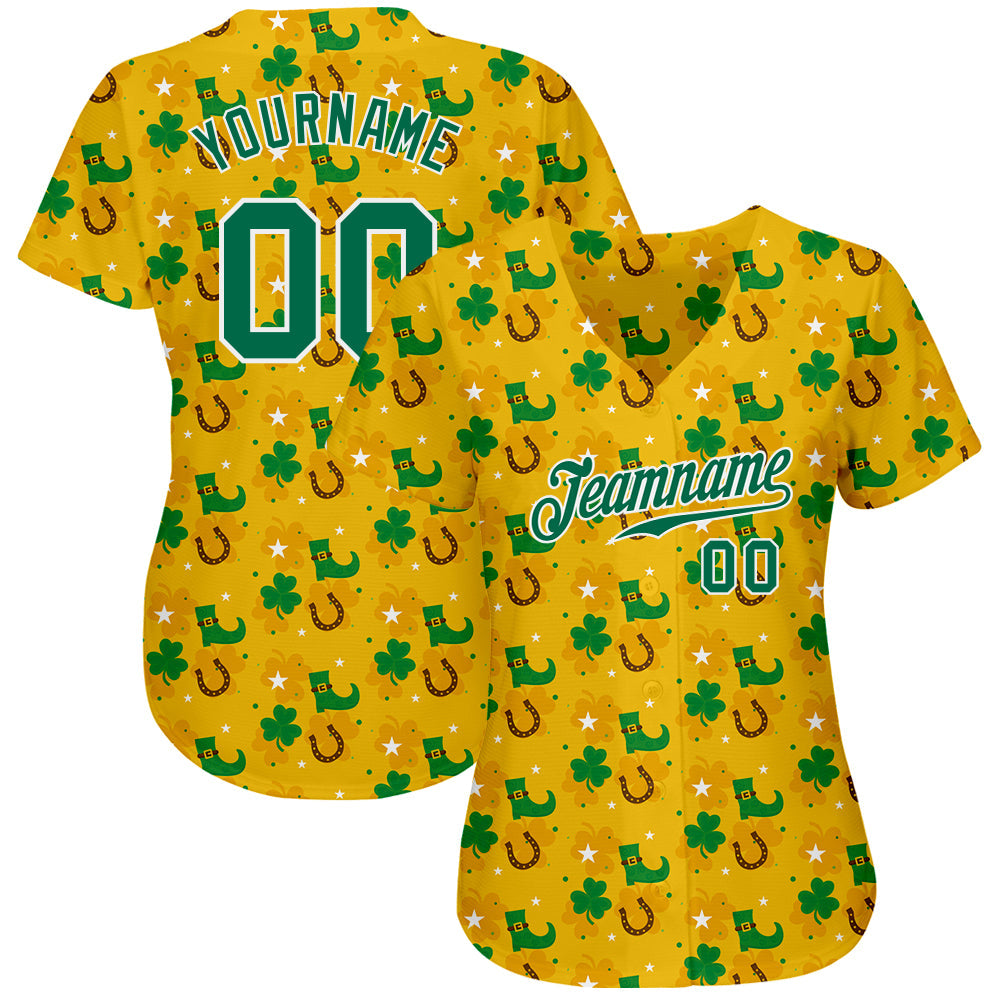 Custom Gold Kelly Green-White 3D Pattern Design Authentic St. Patrick's Day Baseball Jersey view 2