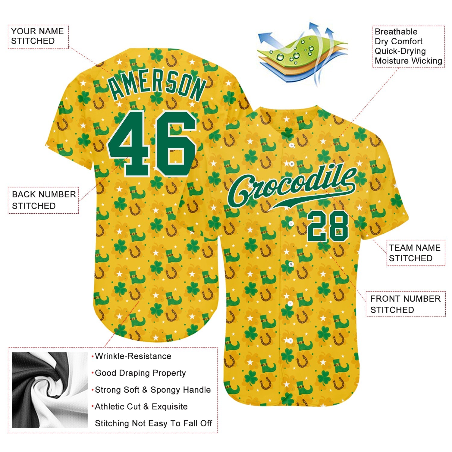 Custom Gold Kelly Green-White 3D Pattern Design Authentic St. Patrick's Day Baseball Jersey view 3