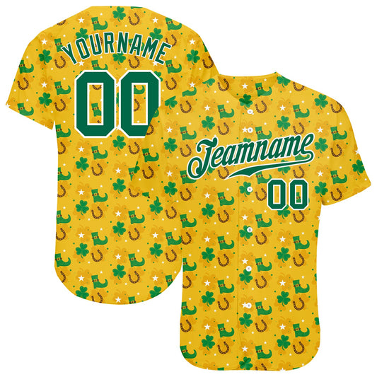 Custom Gold Kelly Green-White 3D Pattern Design Authentic St. Patrick's Day Baseball Jersey - Main View