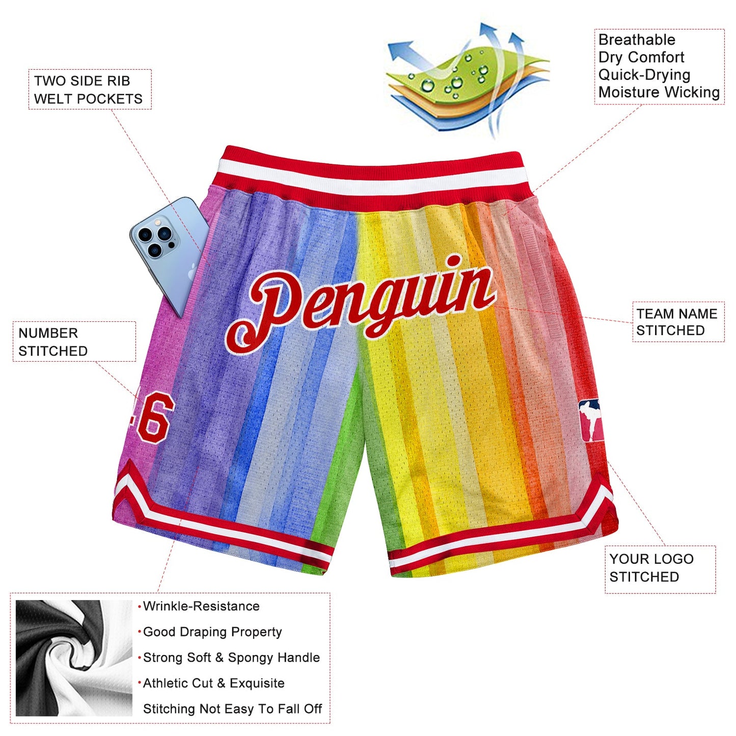 Custom Gold Red-White 3D Pattern Design Rainbow Authentic Basketball Shorts view 2