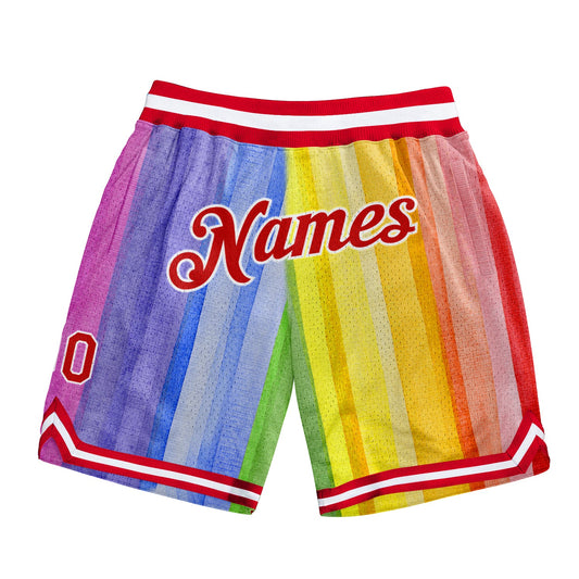 Custom Gold Red-White 3D Pattern Design Rainbow Authentic Basketball Shorts - Main View
