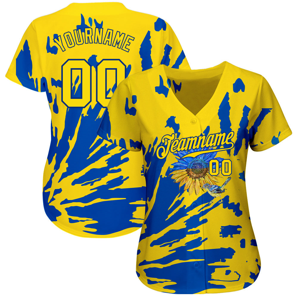 Custom 3D Pattern Design Ukraine Sunflower Nightingale Authentic Baseball Jersey view 2