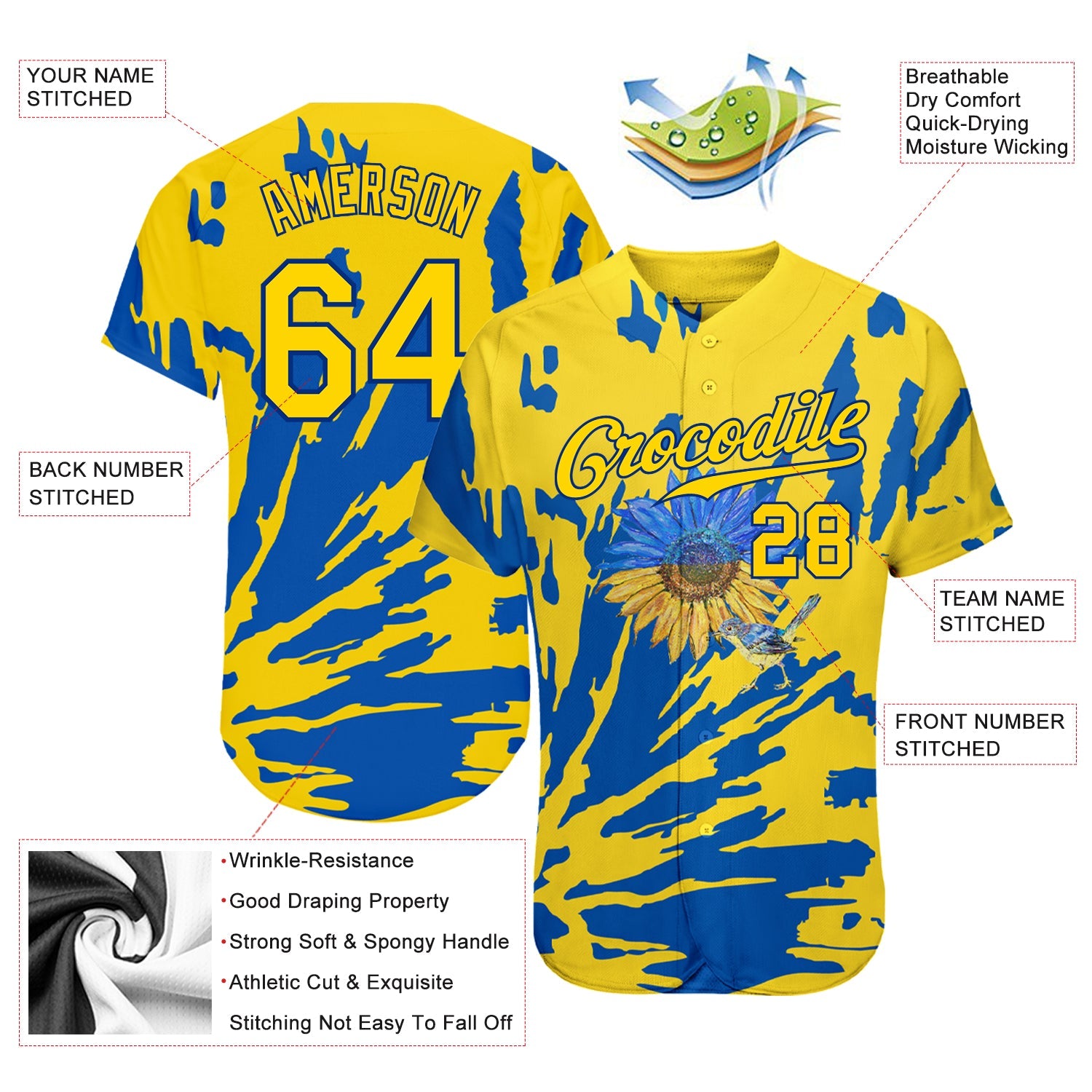 Custom 3D Pattern Design Ukraine Sunflower Nightingale Authentic Baseball Jersey view 3