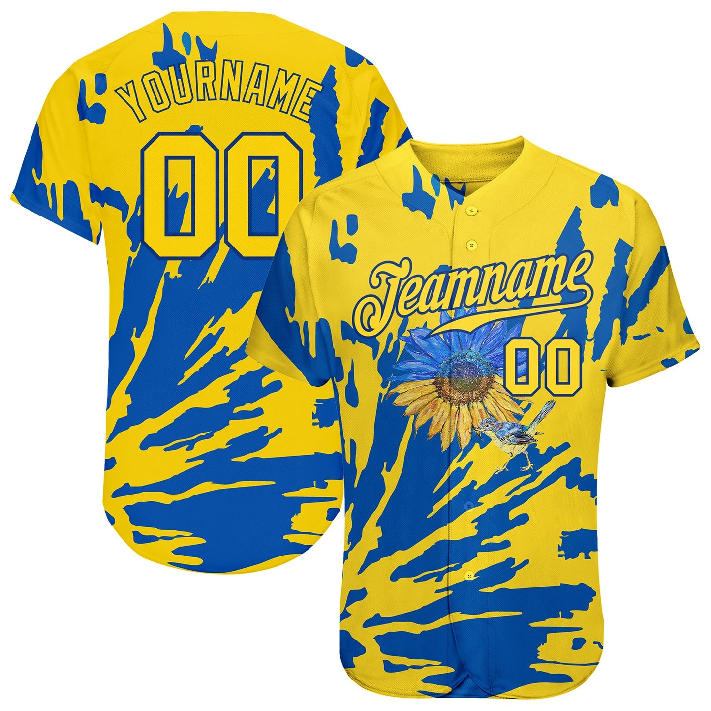 Custom 3D Pattern Design Ukraine Sunflower Nightingale Authentic Baseball Jersey - Main View