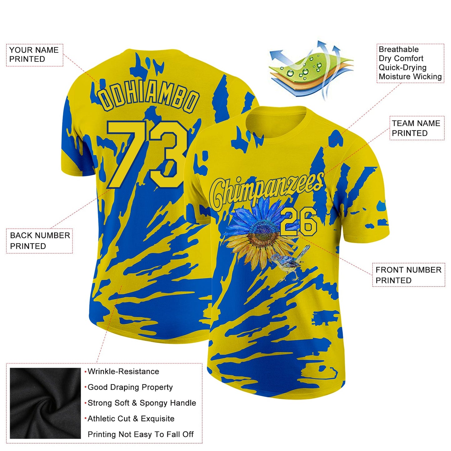 Custom 3D Pattern Design Ukraine Sunflower Nightingale Performance T-Shirt view 2