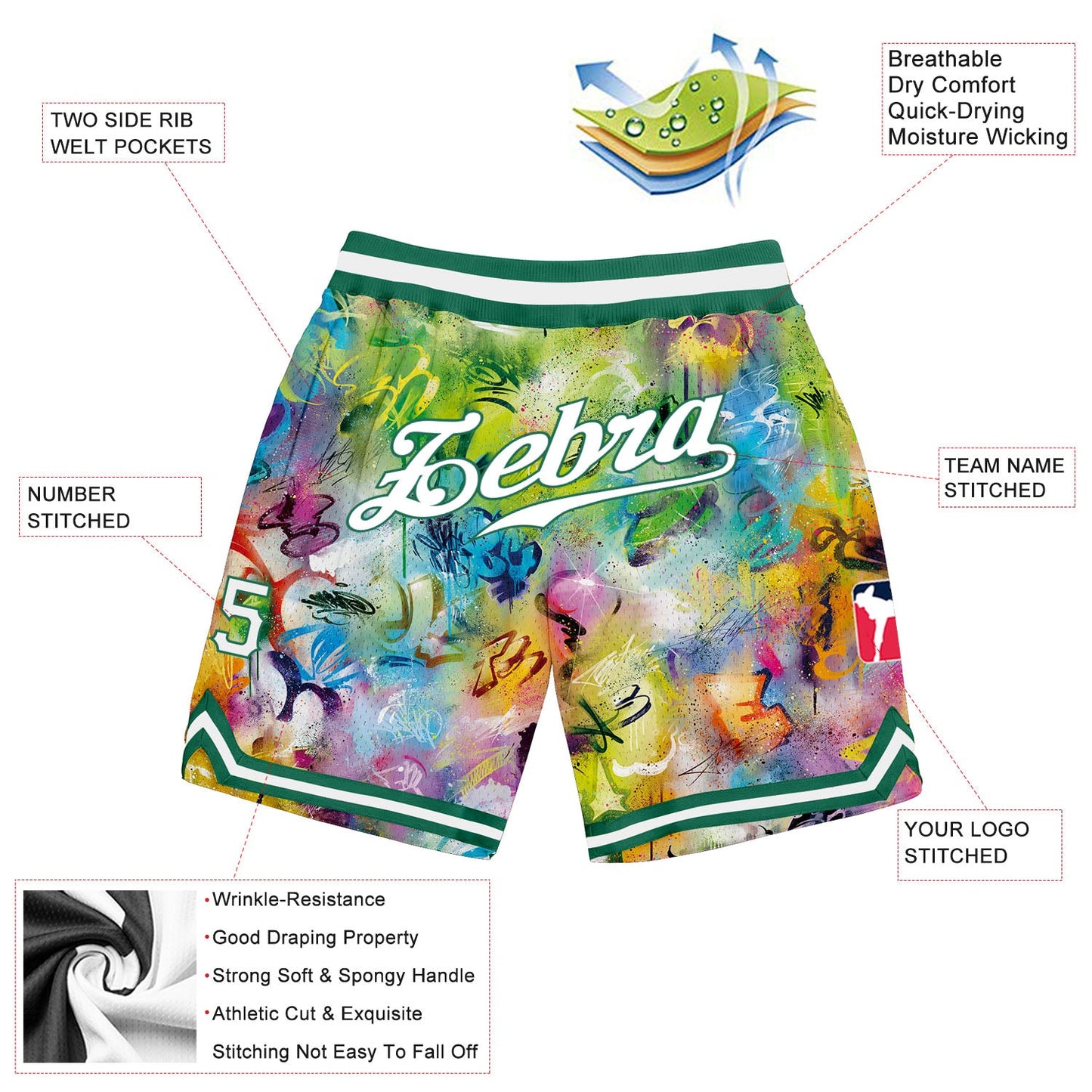 Custom Scratch Graffiti Pattern White-Kelly Green 3D Authentic Basketball Shorts view 2