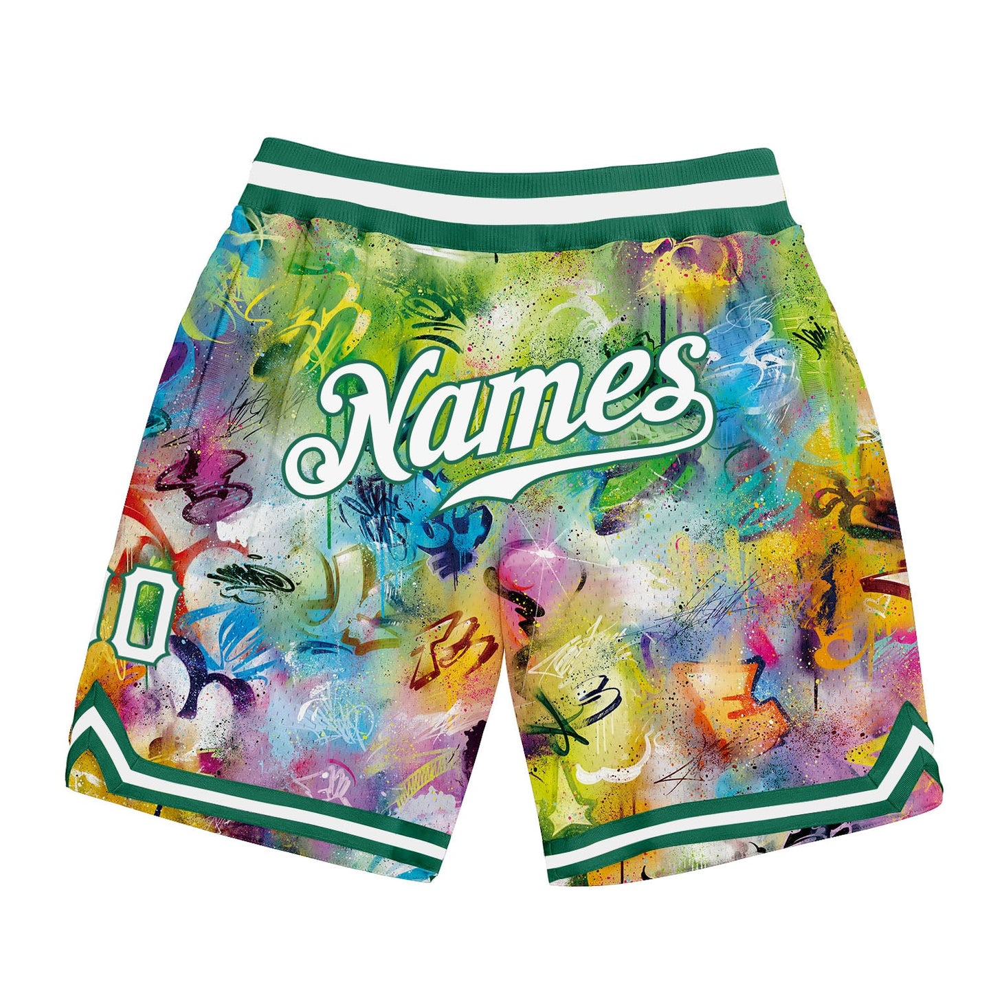 Custom Scratch Graffiti Pattern White-Kelly Green 3D Authentic Basketball Shorts - Main View