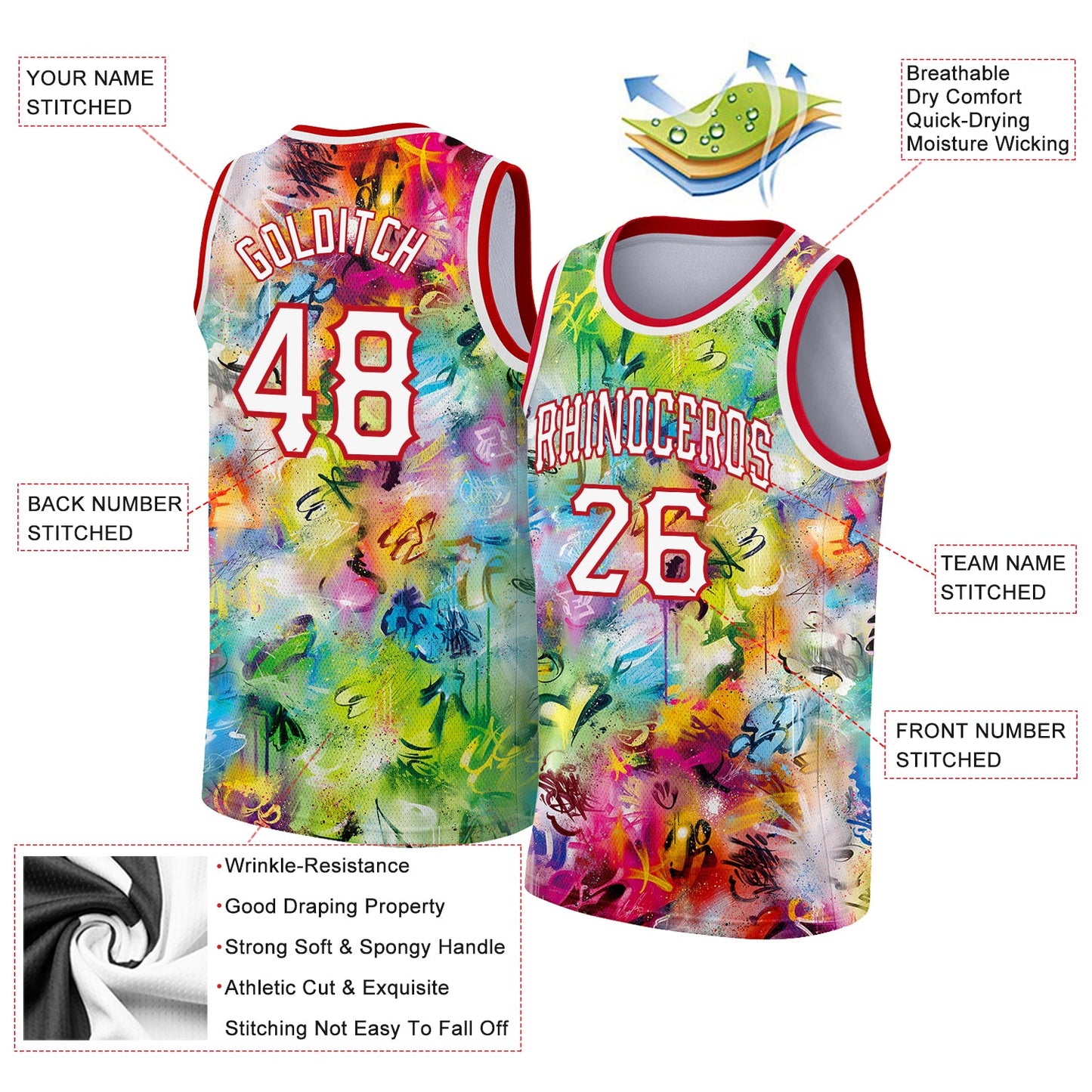 Custom Scratch Graffiti Pattern White-Red 3D Authentic Basketball Jersey view 2
