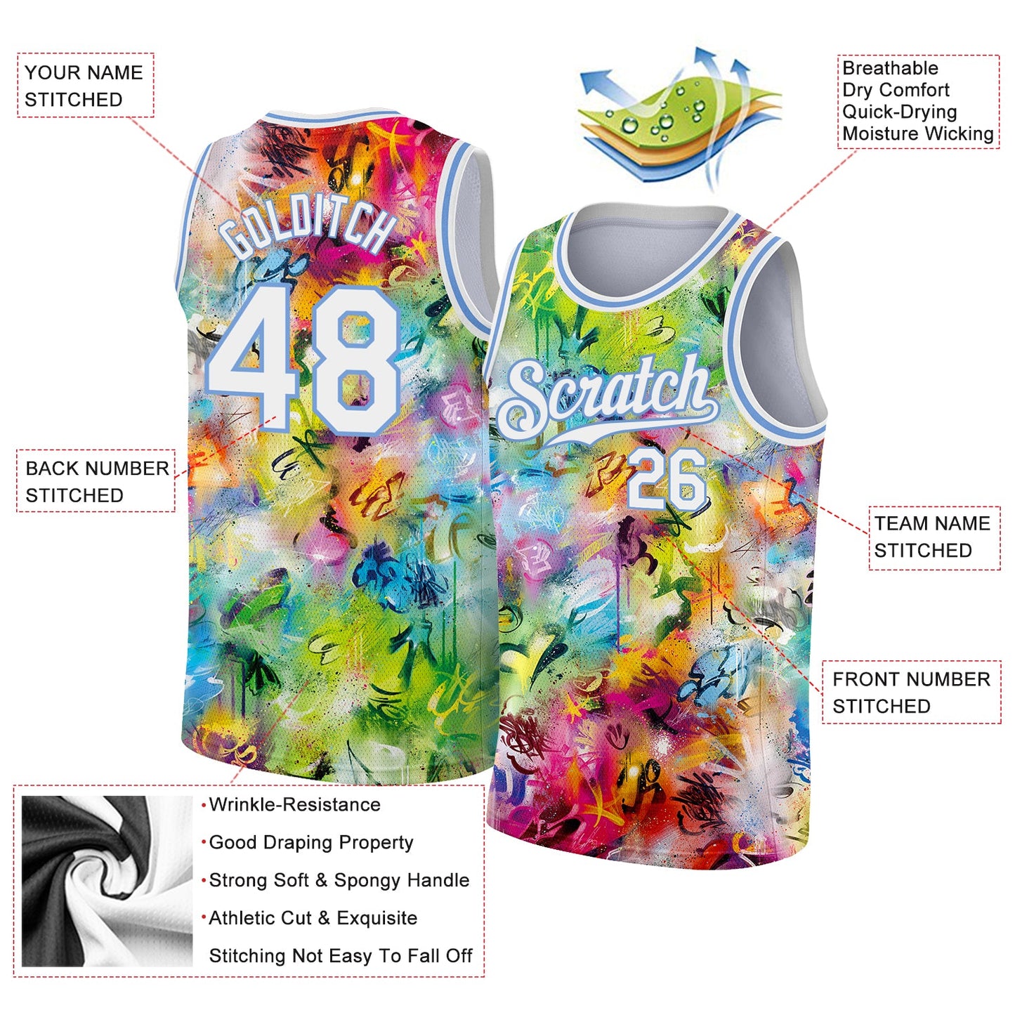 Custom Scratch Graffiti Pattern White-Light Blue 3D Authentic Basketball Jersey view 2