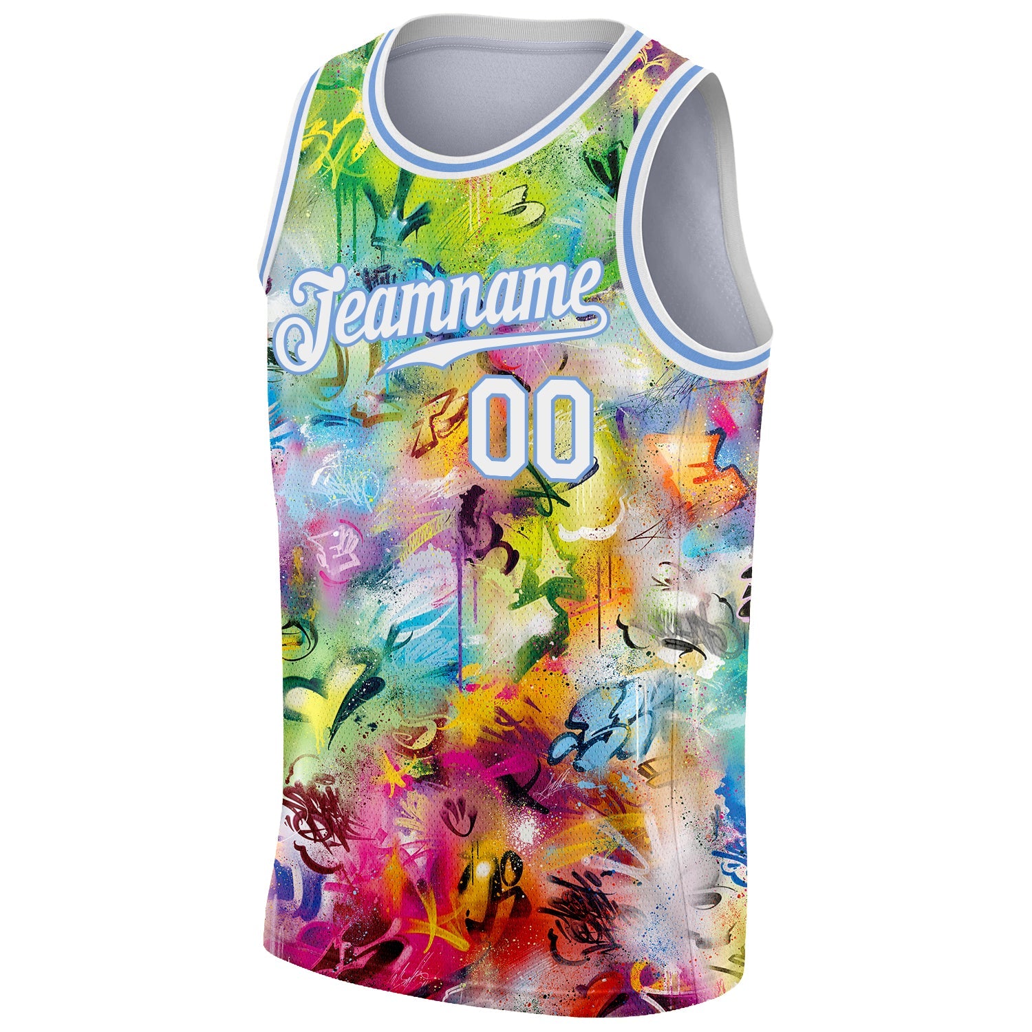 Custom Scratch Graffiti Pattern White-Light Blue 3D Authentic Basketball Jersey view 5