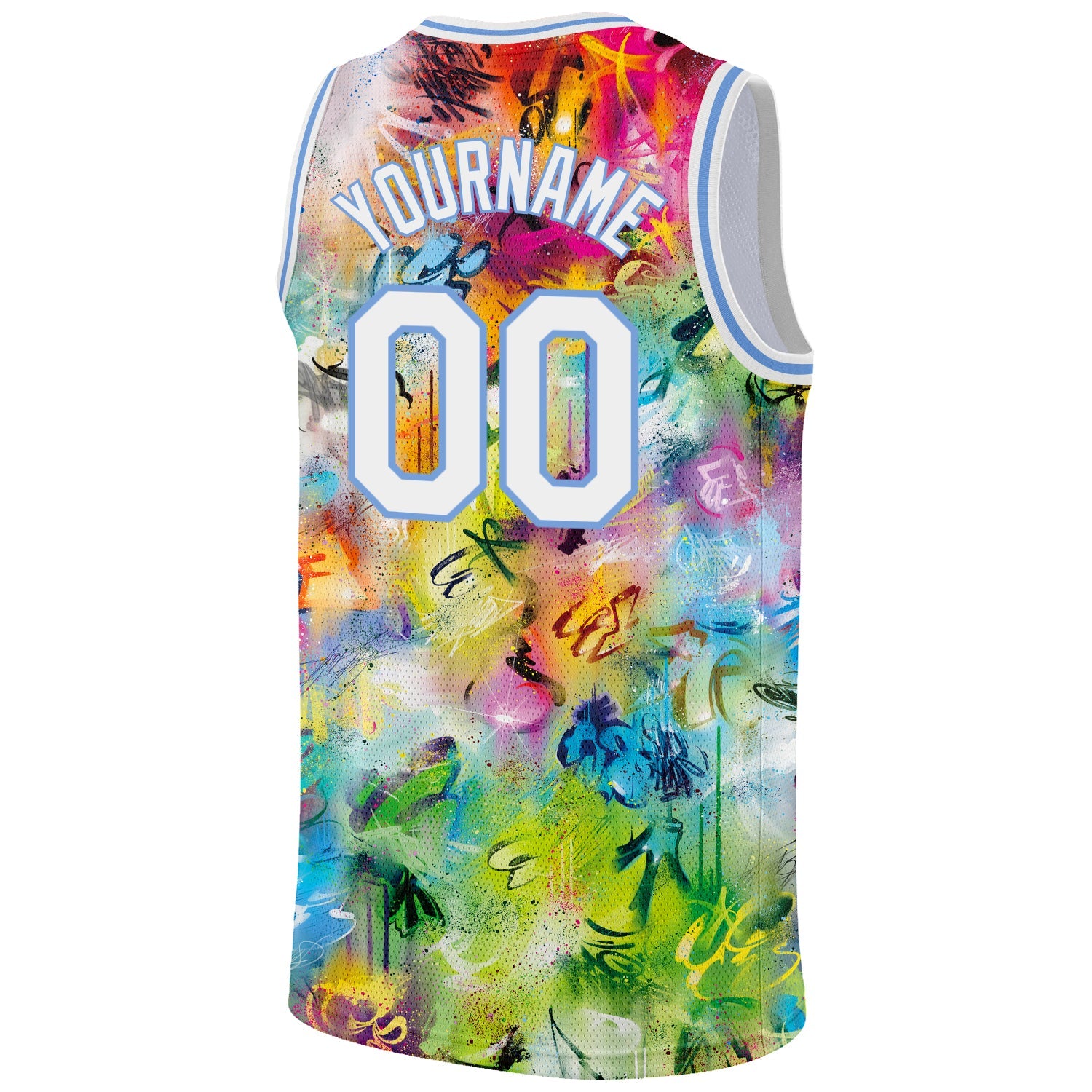 Custom Scratch Graffiti Pattern White-Light Blue 3D Authentic Basketball Jersey view 6