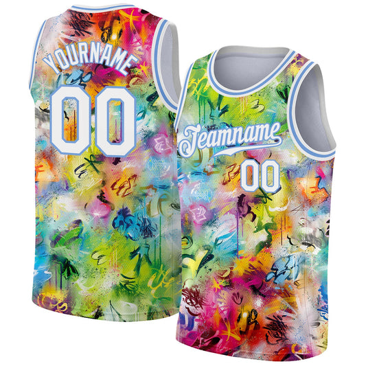 Custom Scratch Graffiti Pattern White-Light Blue 3D Authentic Basketball Jersey - Main View