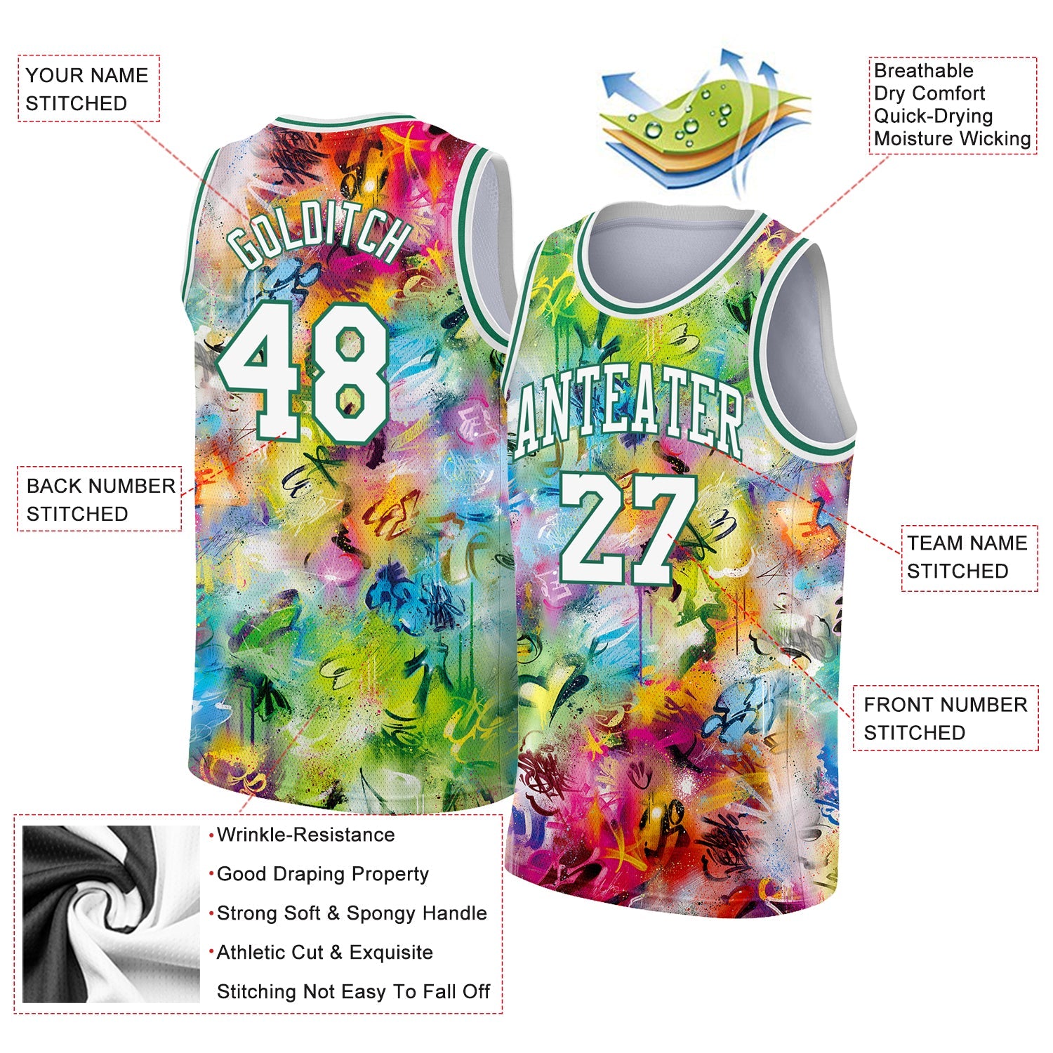 Custom Scratch Graffiti Pattern White-Kelly Green 3D Authentic Basketball Jersey view 2