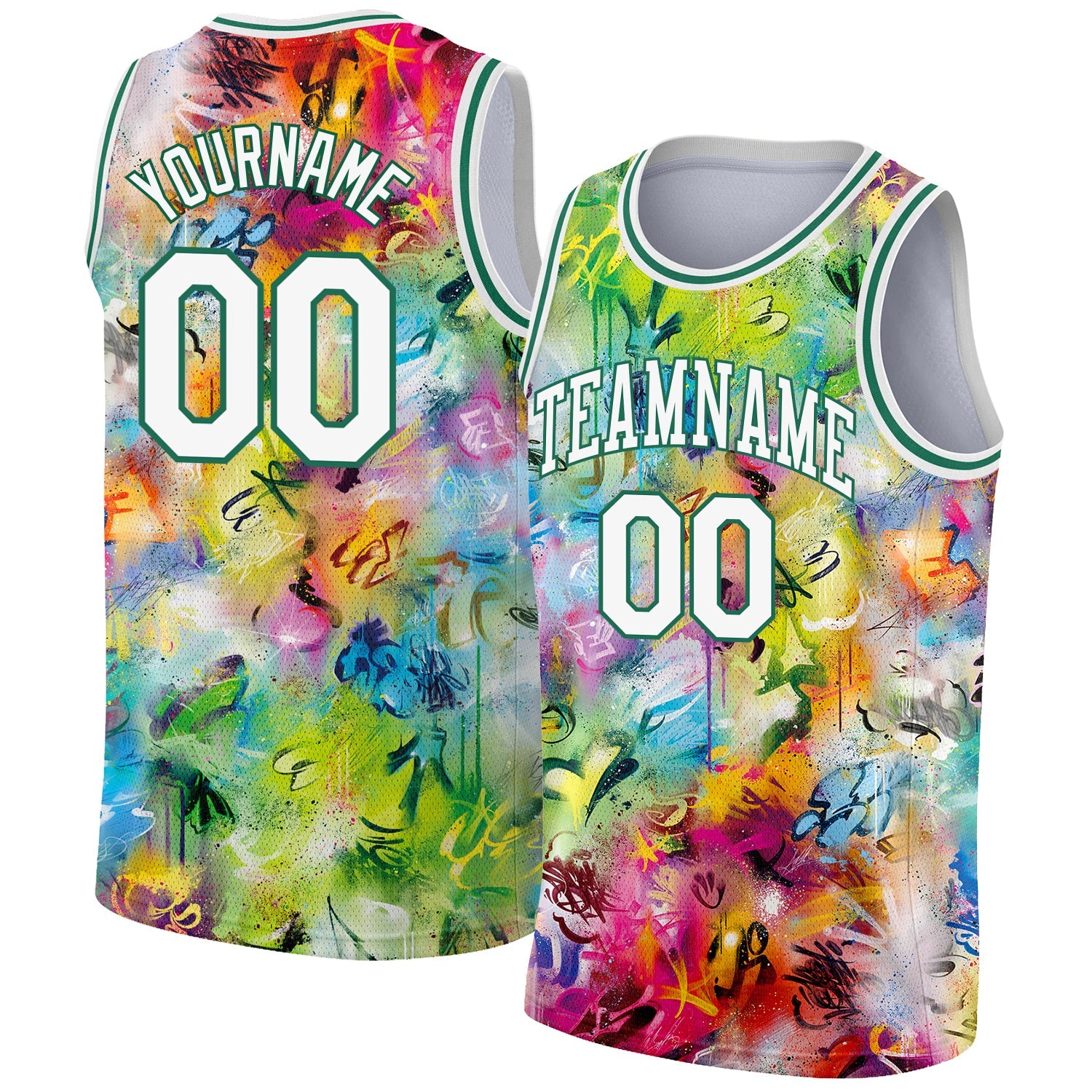 Custom Scratch Graffiti Pattern White-Kelly Green 3D Authentic Basketball Jersey - Main View