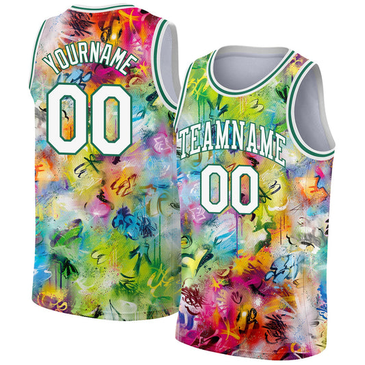 Custom Scratch Graffiti Pattern White-Kelly Green 3D Authentic Basketball Jersey - Main View