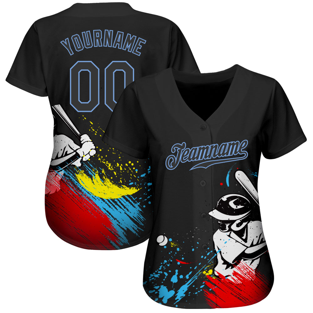 Custom Graffiti Pattern Black-Light Blue 3D Authentic Baseball Jersey view 2
