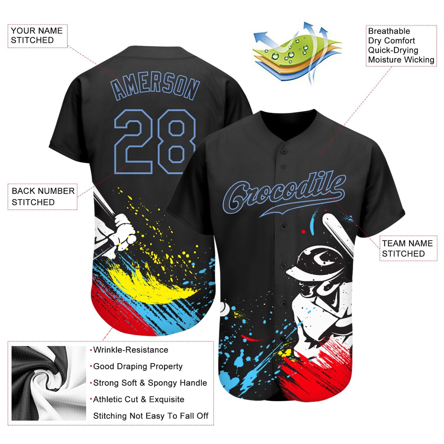Custom Graffiti Pattern Black-Light Blue 3D Authentic Baseball Jersey view 3