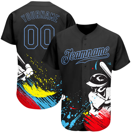 Custom Graffiti Pattern Black-Light Blue 3D Authentic Baseball Jersey - Main View