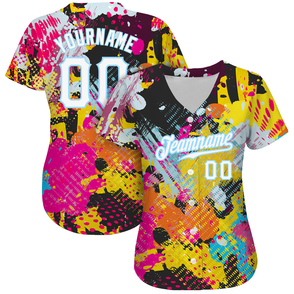 Custom Graffiti Bright Psychedelic Pattern White-Light Blue 3D Authentic Baseball Jersey view 3