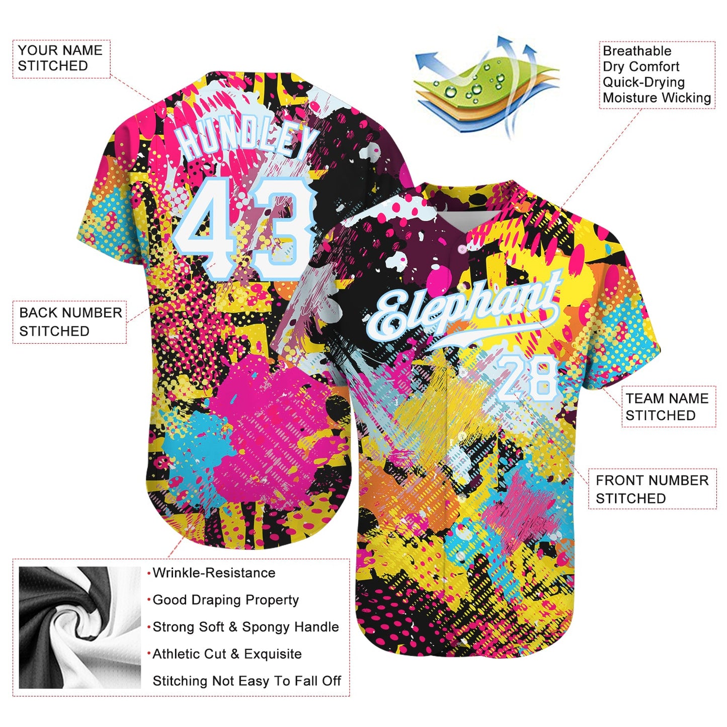 Custom Graffiti Bright Psychedelic Pattern White-Light Blue 3D Authentic Baseball Jersey view 4