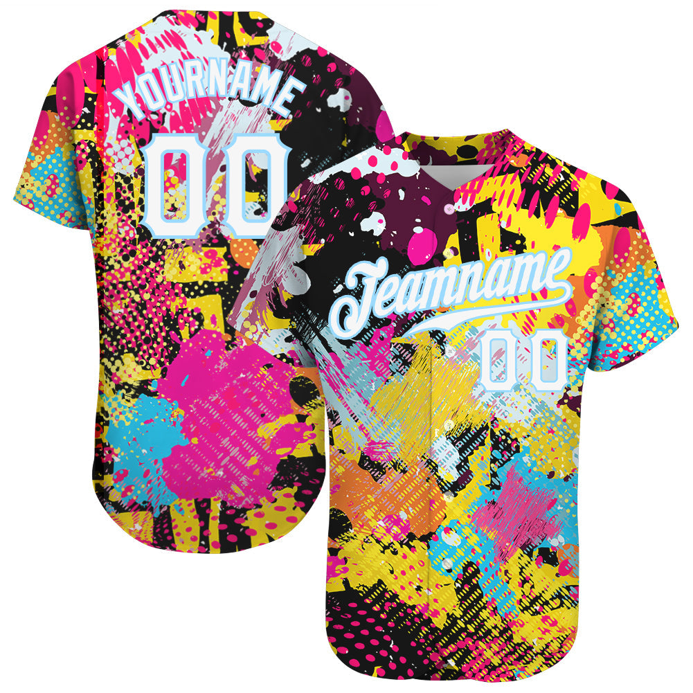 Custom Graffiti Bright Psychedelic Pattern White-Light Blue 3D Authentic Baseball Jersey - Main View