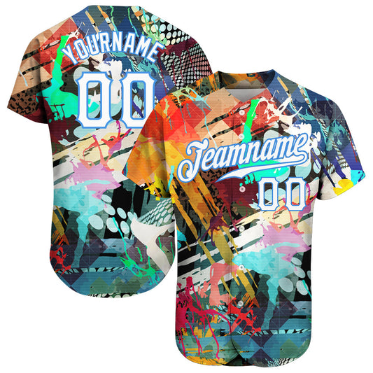 Custom Graffiti Colored Abstract Pattern White-Light Blue 3D Authentic Baseball Jersey - Main View