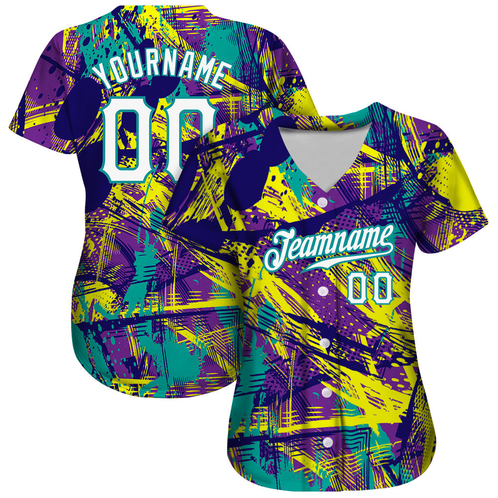 Custom Graffiti Abstract Urban Pattern White-Teal 3D Authentic Baseball Jersey view 2