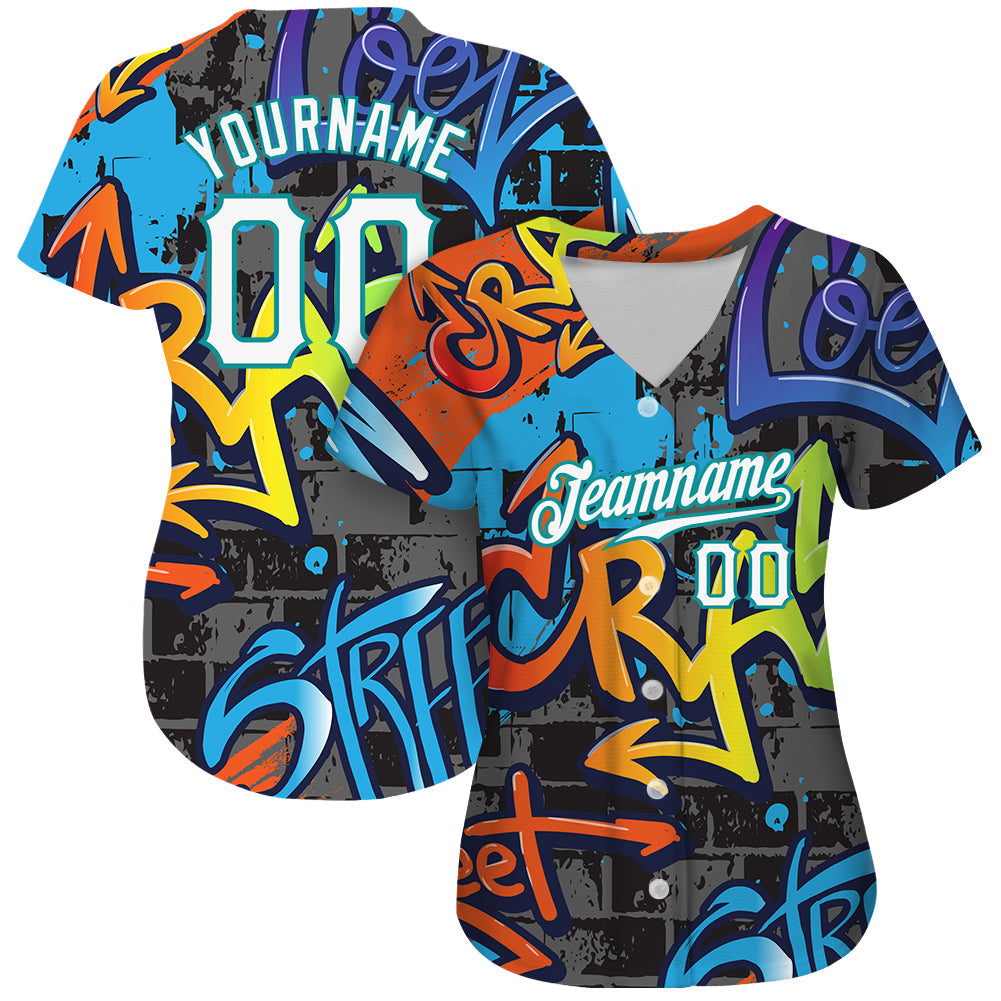 Custom Graffiti Geometric Pattern White-Teal 3D Authentic Baseball Jersey view 2